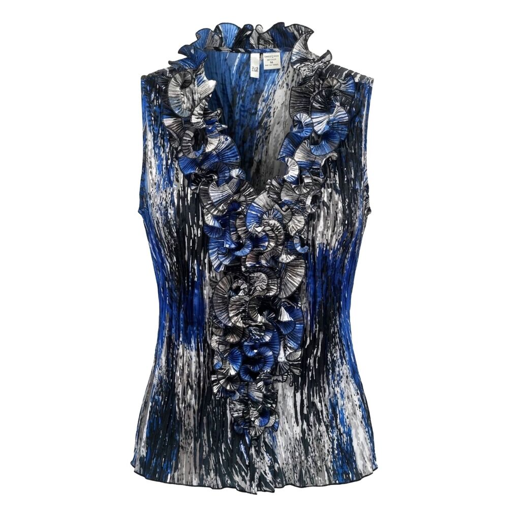 Vintage Y2K Royal Blue Black Micro Pleated Ruffle Neck Barbiecore Glam Tank Top